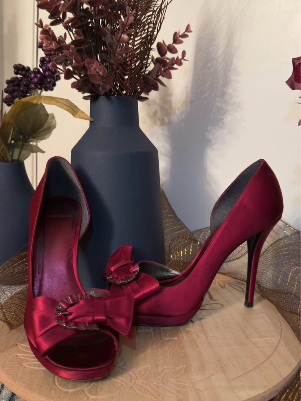 Stuart Weitzman Burgundy Satin Peep-Toe Heels with Bow Accent